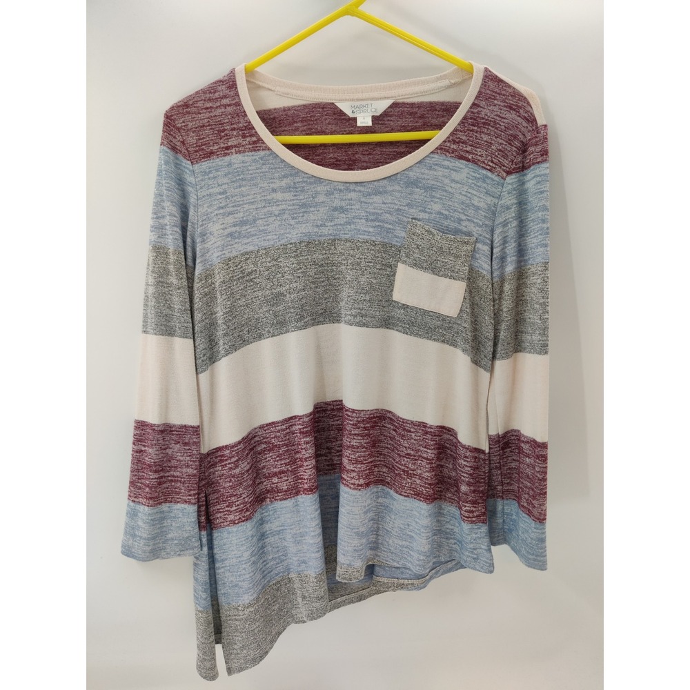 Market &‎ Spruce Striped Long Sleeve Pocket Tunic Top Burgundy Gray White Size S